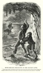 Hugh Miller tidevannsbundet i Doocot-hulene (gravering)