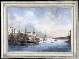 Vue de Malte (View at Malta) - Maleri av Charles Andrew Dyce (1816-1853), akvarell på papir (25,1x34,9 cm), ca. 1849 - Yale University (USA)