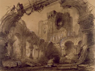Ruiner, naturdesign for en forestilling av 'Macbeth' av Giuseppe Verdi (1813-1901) på Theatre Lyrique, Chatelet, Paris, 1865 (kull og hvitt kritt på papir)