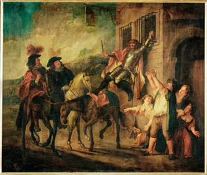Don Quixote, på grunn av Maritorne#39; ondsinnede vilje, blir festet til et vindu …