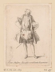 Stående adelsmann sett forfra Petit Maître faisant semblant de penser (tittel på objekt) Figures de modes (serietittel)