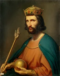 Portrett av Hugo Capet (941-996), konge av Frankrike i 987. Han holder en globus og et septer i hånden, symboler på makt. Maleri av Charles de Steuben (1788-1856), 19. århundre. Sol. 0,91 x 0,74 m.