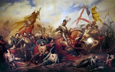 Religionskrigene (1562-1598): «Kong Henrik IV av Frankrike (1553-1610) i slaget ved Ivry den 14/03/1590». Den kongelige hæren seiret over hæren til Den katolske liga. Detalj av maleriet av Charles de Steuben (1788-1856), 19. århundre. H. 4,2 x 8,1 m - Wa