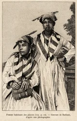 Kvinner som lever i placers, mineralforekomster. Gravering av Barbant for å illustrere historien "" chez nos indiens, fire års reise i Fransk Guyana "