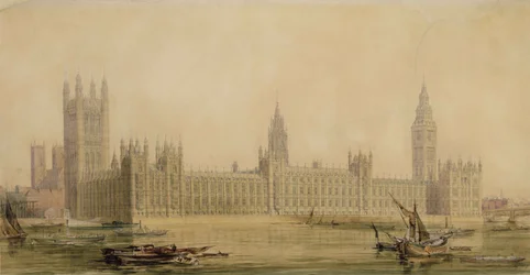 Perspektivvisning av de nye parlamentshusene, ca. 1840-tallet (wc over grafitt, gouache, penn og blekk på papir)