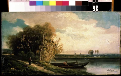 ""La berge"" (Kysten) Elvelandskap med en fisker og en bondekvinne. Maleri av Charles Barthelemy Jean Durupt (1804-1838) Mikhail Kroshitsky kunstmuseum fra 1800-tallet, Sevastopol (Sevastopol) Ukraina