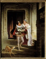 Markisen av Noirmoutiers, Charlotte de Beaune Semblançay (1551-1617), forsøker å overtale Henrik I av Lorraine, hertug av Guise, kalt den Arrede (1550-1588), til å dra til stenderforsamlingen i Blois før drapet på ham (1588) på slottet i Blois