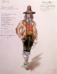 Kuskens kostyme for operaen "" Paillasse"" (pagliacci, klovner) av Ruggero Leoncavallo (1857-1919) fra 1892. Akvarell av Charles Bianchini (1860-1905)