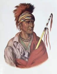 Notchimine eller Uten hjerte, en høvding fra iowaene, 1837, illustrasjon fra «Nord-Amerikas indianerstammer, bind 2», av Thomas L. McKenney og James Hall, utgitt av John Grant
