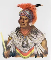 Wapella eller foxenes fyrstelige høvding, 1837, illustrasjon fra «Nord-Amerikas indianerstammer, bind 2», av Thomas L. McKenney og James Hall, utgitt av John Grant