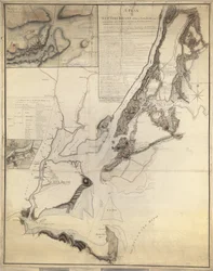 En plan over New York Island og en del av Long Island med det omkringliggende landskapet – så langt som Dobbs#39;s Ferry i nord og White Plains i øst, inkludert elver, øyer, veier osv.
