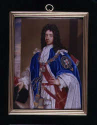 Portrettminiatyr av John Manners, 2. hertug av Rutland (1676-1721) i Garter Robes, ca. 1715 (emalje på metall)