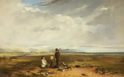 Landskap med sportsmann og følgesvenner, muligens 1842 (olje på lerret)