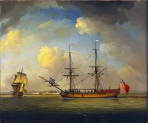 Et skip «Naval Snow», et britisk skip med to master, brukt til å transportere forsyninger for Royal Navy, i horisonten, Fort Tilbury, ved Themsen, England