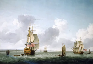 Et skip med to dekk og en fregatt som går opp Themsen (England), utenfor Gravesend. Olje på lerret av Charles Brooking (1723–1759).