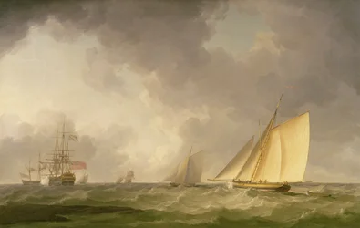 Kutter på kryss i frisk bris, med andre fartøy, ca. 1750