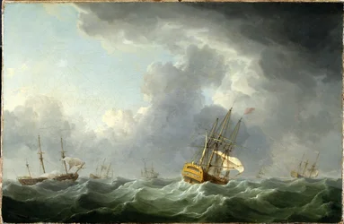 Engelske skip som seiler foran en storm
