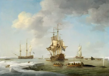 Grønlandsfiske: Engelske hvalfangere i isen, ca. 1750 (olje på lerret)