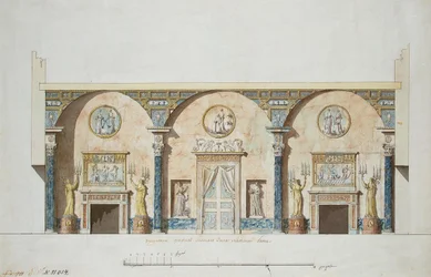 Design for hovedhallen i Agate-paviljongen i Tsarskoye Selo, tidlig på 1780-tallet