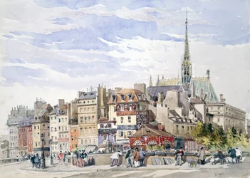 Sainte-Chapelle og Palais de Justice ved Quay Pont Saint-Michel. Akvarell. Charles Claude Pyne (1802–1878) engelsk landskaps- og sjangermaler. Paris, Frankrike