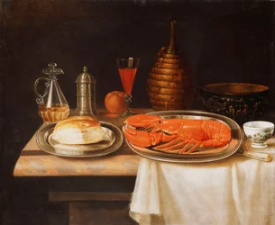 Et stilleben; med en hummer og brød på salver, en karaffel med vin og andre gjenstander på en delvis drapert marmorhylle,