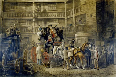 The Olden Time, fra 'Fores Coaching Recollections', gravert av J. Harris (litho-farge)