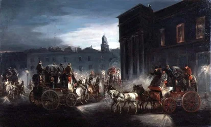 Edinburgh Mail Coach og andre busser i en Lamplit Street (olje)
