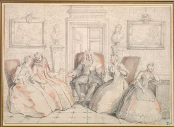 Trissotin Reading til Philaminte, Bélise og Armande..., sannsynligvis ca. 1725-1726.