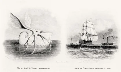 En gigantisk blekksprut og to skip til sjøs, gravert av George Cooke (1781-1834)