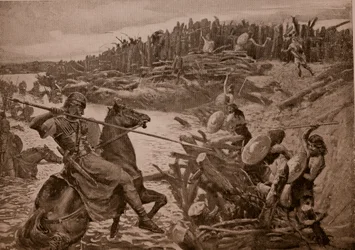 Cæsar krysser Themsen, illustrasjon fra «Hutchinsons fortelling om den britiske nasjonen», ca. 1920