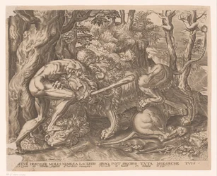 Hercules holder Nemean-løven i et kvelertak Labours of Hercules etter Frans Floris (serietittel)