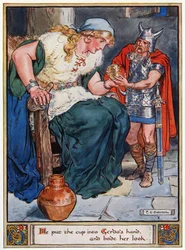 'Han la koppen i hånden til Gerda og ba henne se ut', illustrasjon fra 'The Heroes of Asgard, tales from Scandinavian Mythology', av A und E Keary, 1930