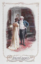 "Lizzy", sa han, "er du ute av sansene dine for å akseptere denne mannen?", Elizabeth Bennet og faren hennes, illustrasjon til 