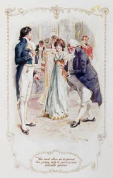 Sir William Lucas: «Mr. Darcy, De må tillate meg å presentere denne unge damen for Dem som en svært ønskelig dansepartner (Elizabeth Bennet),» illustrasjon til Jane Austens «Stolthet og fordom»