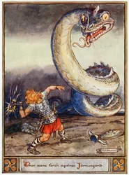 «Tor drog ut mot Jormungand», illustrasjon fra «The Heroes of Asgard, Tales from Scandinavian Mythology», av A. og E. Keary, 1930