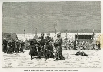 Øvelser for å manipulere Taifourchi bolverksrifler, tropper bevæpnet og trent av det kinesiske militæret, tegning av Delort, for å illustrere minnene fra en engelsk ambassade i Kachgar (eller Kashi, Kina) i 1873-74, av Mr. Chapman og Gordon. Gravering i Le