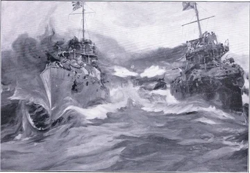 En kamp mellom destroyere, illustrasjon fra Cassells History of the Russo-Japanese War Vol 1, ca. 1900