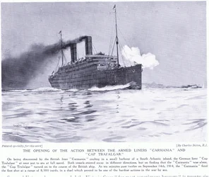 Åpningsaksjonen mellom de væpnede linjeskipene Carmania og Cap Trafalgar, Sør-Atlanteren, september 1915
