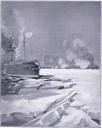 Vladivostok-skvadronen tvinger seg gjennom isen ut av Vladivostok havn, illustrasjon fra Cassells History of the Russo-Japanese War Vol 1, ca. 1900