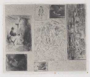 Komposittplate: Kvinne og barn a, Gammel Musiker b, Stekehandler c, Landskap ..., 1843.