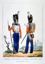 Uniform av de sveitsiske grenaderer 7. regiment av infanteri av den kongelige garde, Frankrike, 1823.