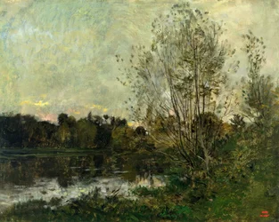 En innsjø i skogen ved skumring, ca. 1865