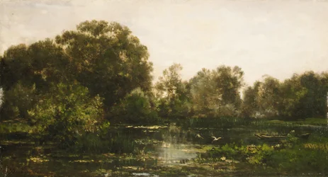 Et elvelandskap med storker, 1864.