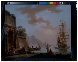 En middelhavshavn med orientalere som snakker under en gammel romersk bue