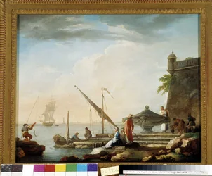 Middelhavshavn ved fontenen. Maleri av Charles Francois Grenier de la Croix dit Lacroix de Marseille (1720-1782) Privat samling, Marseille.