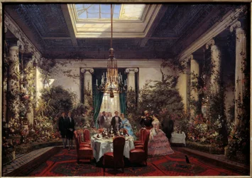Frokost hos prinsesse Mathilde Letizia Bonaparte (1820-1904), rue de Courcelles i Paris Maleri av Sebastien Charles Giraud (1819-1892) 1854 Søn. 0,56x61 m. Compiegne, slottsmuseum
