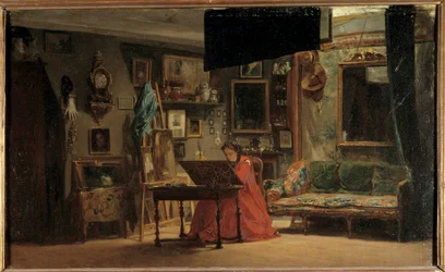 Prinsesse Mathilde (1820-1904) i hennes atelier, rue de Courcelles Prinsesse Mathilde-Letizia Bonaparte foran kontoret hennes. Maleri av Sebastien Charles Giraud (1819-1892). 1800-tallet. Dim 0,32 x 0,52 m Paris, Musee Carnavalet