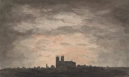En stor kirke (Westminster Abbey) ved solnedgang