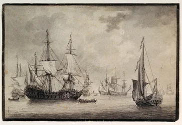 Nederlandsk krigsskip, statysjakt og fjerntliggende skip i en havn, sent på 1700-tallet (penn, blekk)