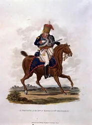 En menig av den 15., eller Kings Hussars, fra 'Costumes of the Army of the British Empire, if the last Regulations 1812', gravert av JC Stadler, utgitt av Colnaghi und Co. 1812-15 (colou